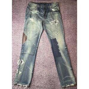 Embellish Distressed Jeans Men's Size 36 Blue Patchwork Straight Fit Streetwear